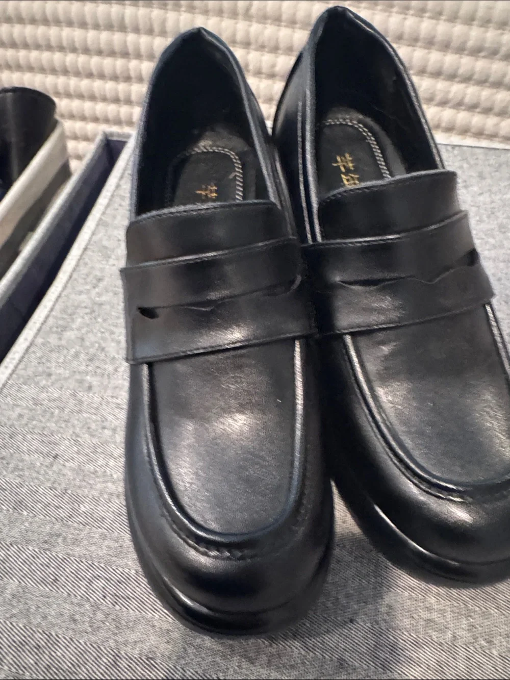 Classic Black Leather Penny Loafers for Woman high wedge size 7